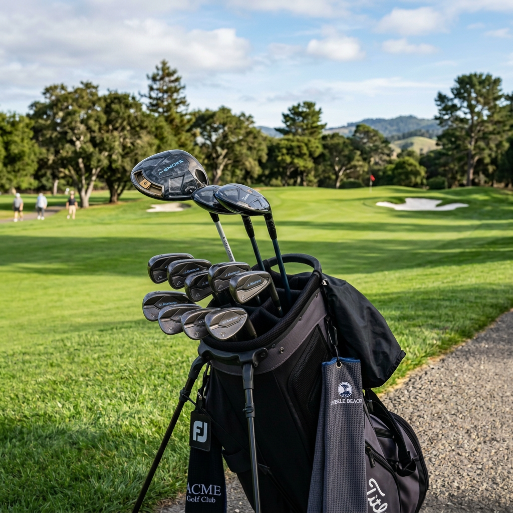 Golf bag filled with clubs beside a sunny golf course